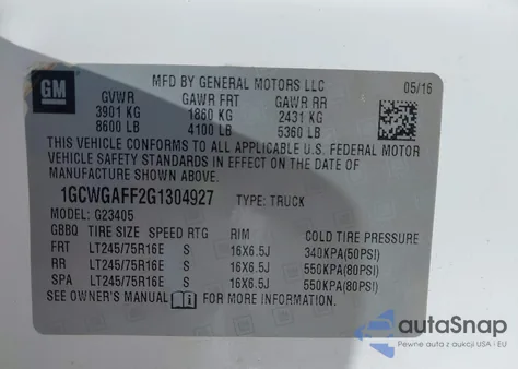 2016 Chevrolet Express G2500 Work Van z USA, uszkodzony, nr VIN 1GCWGAFF2G1304927